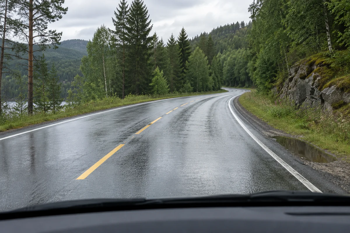 Illustrert trafikksituasjon på våt norsk landevei